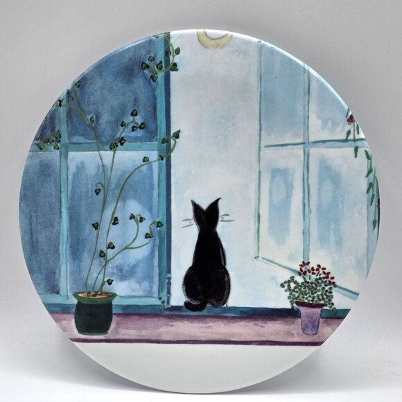 MEBEL Made in ITALY Black Cat Sitting in Window Melamine Tray Hot Plate Trivet - Picture 2 of 6